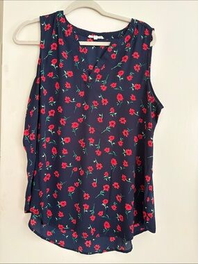 Sleeveless Navy Floral V-Neck Top with Red Flowers